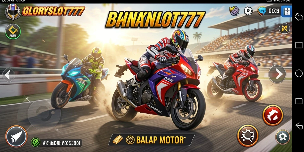 Antarmuka GLORYSLOT777 menampilkan trek balap dan motor yang memukau.